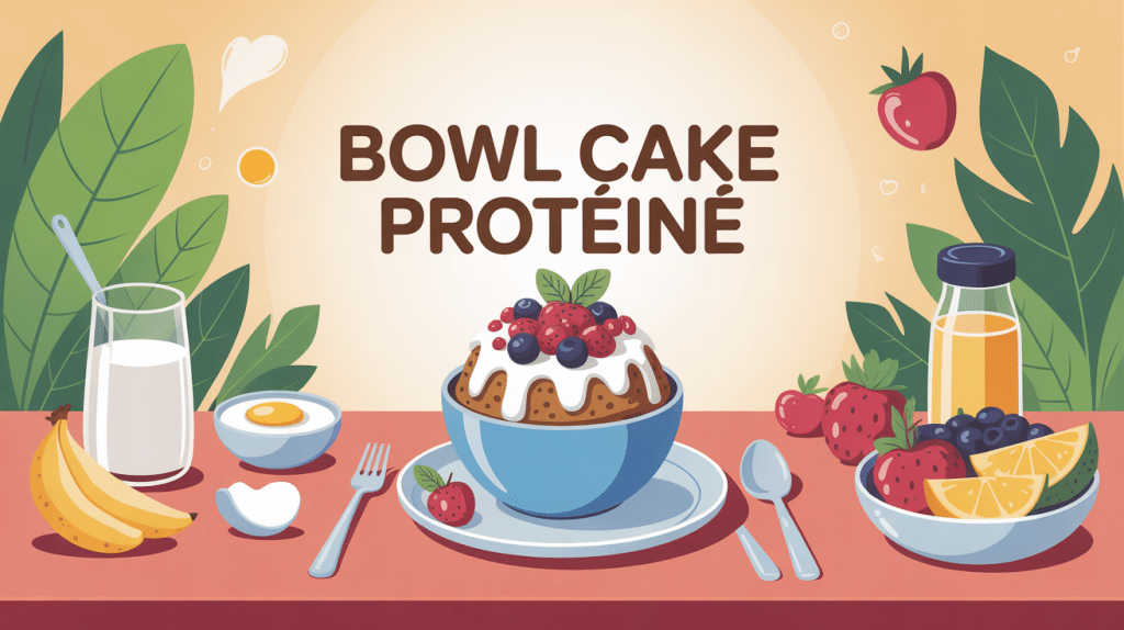 bowl cake protéiné entouré d'ingrédients healthy