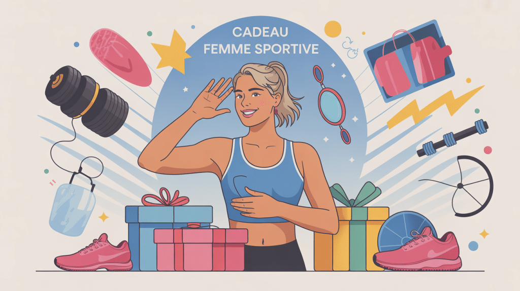 cadeau pour une femme sportive entourée d'accessoires sport