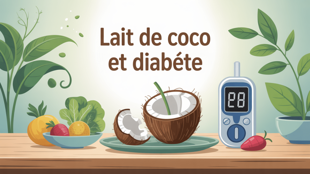 illustration centrale lait de coco et diabete sur table avec accessoires sains