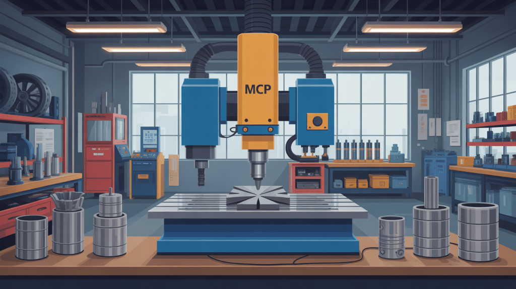 machine a frapper mcp au centre d’un atelier avec pieces marquees