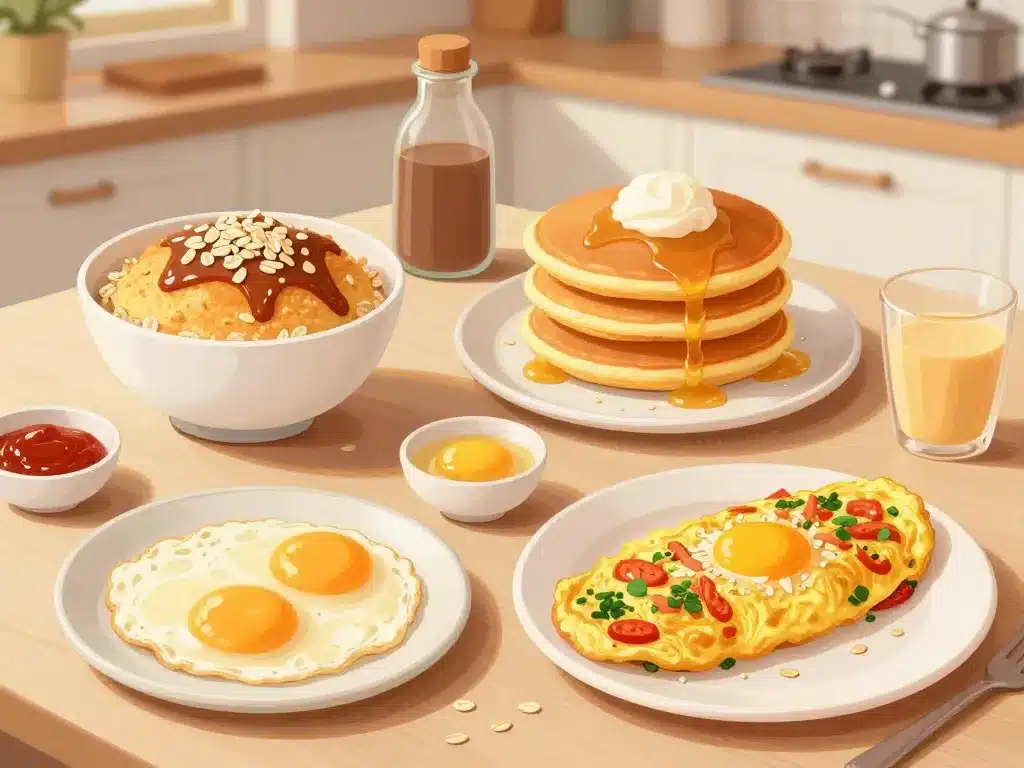 petit dejeuner flocon d'avoine oeuf pancakes omelette bol cake