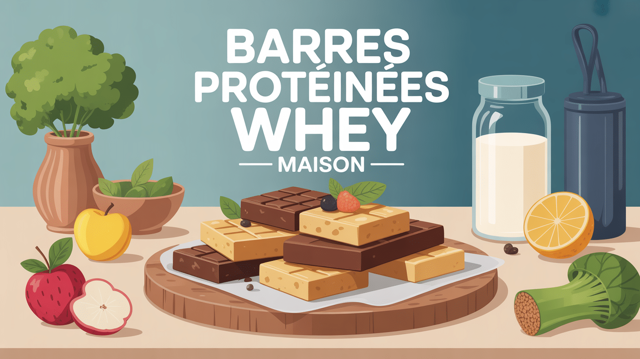 recette barre protéinée whey maison sur plateau avec ingrédients naturels