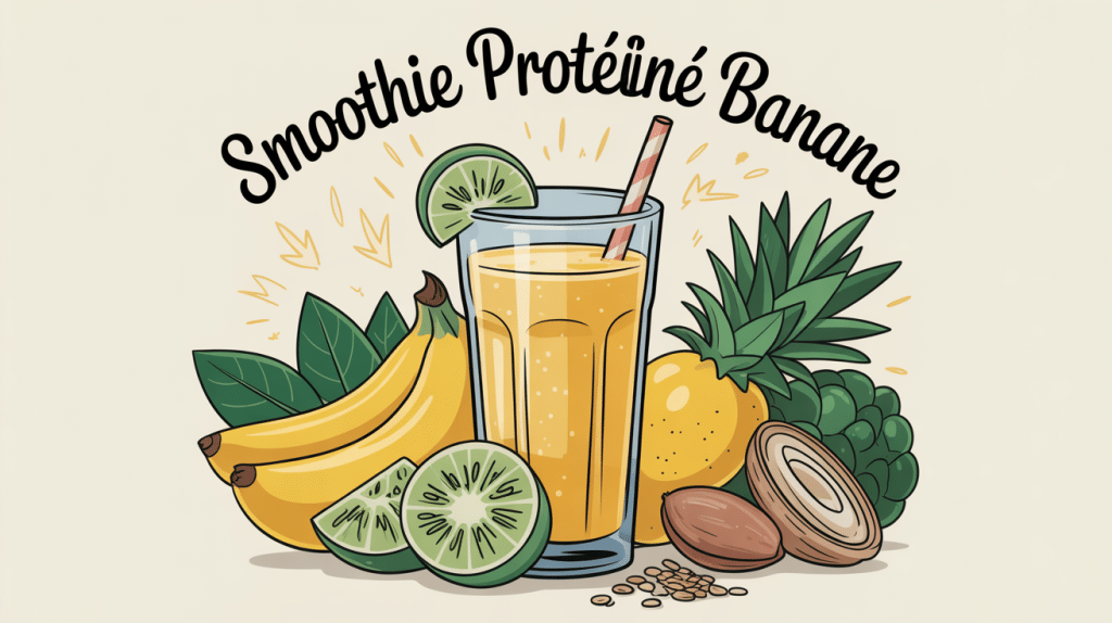 smoothie protéiné banane dans verre entouré d’ingrédients frais