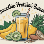 smoothie protéiné banane dans verre entouré d’ingrédients frais