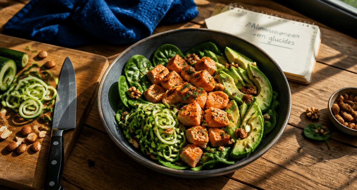 bol aliments pauvre en glucide saumon avocat épinards