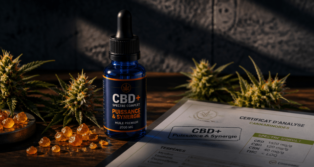 cbd+ huile flacon bleu et certificat analyse
