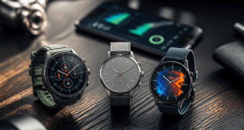 Comparatif montre connectée trois modèles haut de gamme sur bureau moderne