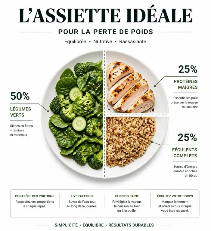 Infographie de la méthode de l'assiette pour un plan alimentaire perte de poids équilibré