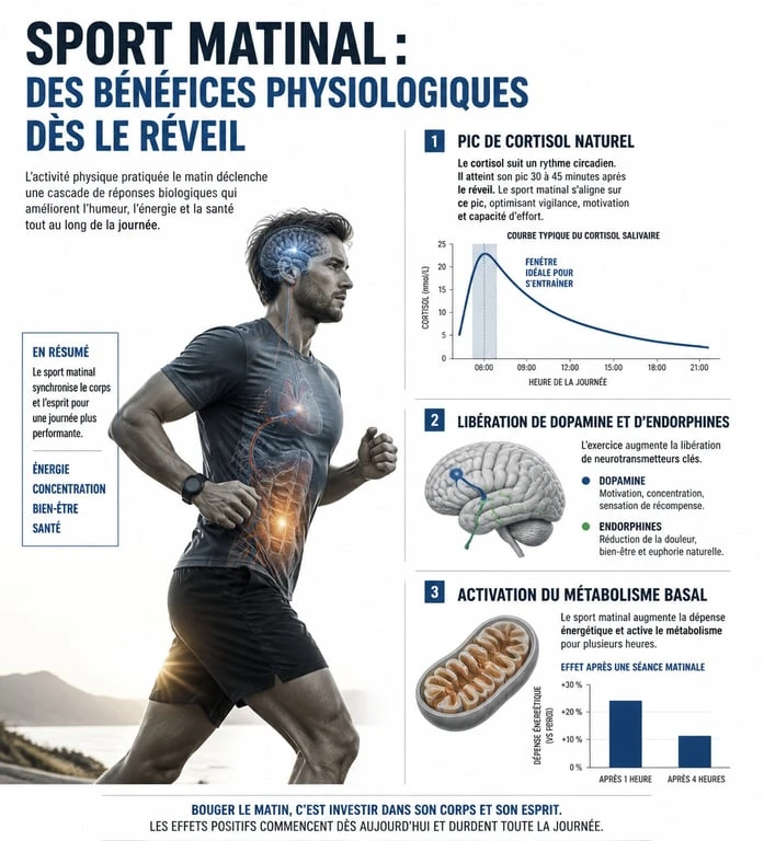Infographie des bienfaits physiologiques du sport matinale sur le métabolisme et l'humeur