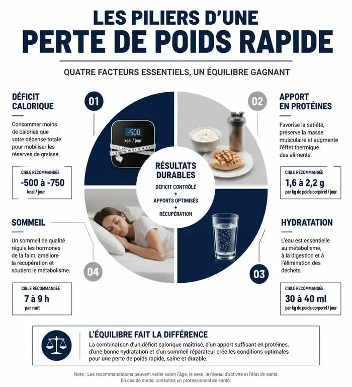 Infographie des piliers d'un régime rapide et efficace : déficit calorique, protéines, hydratation et sommeil