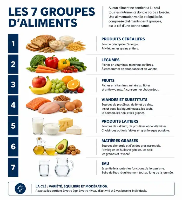 Infographie des 7 groupes d'aliments pour une alimentation équilibrée