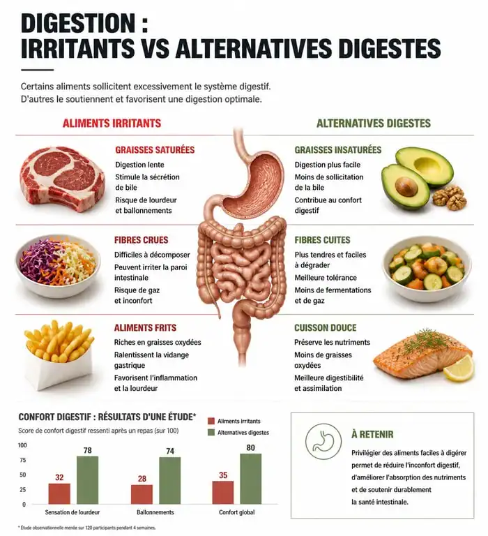 Infographie comparative des aliments à éviter et alternatives pour une digestion facile