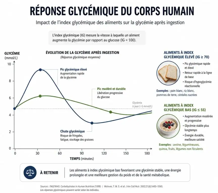 Infographie sur l'impact des aliments riches en glucides sur la glycémie et l'index glycémique