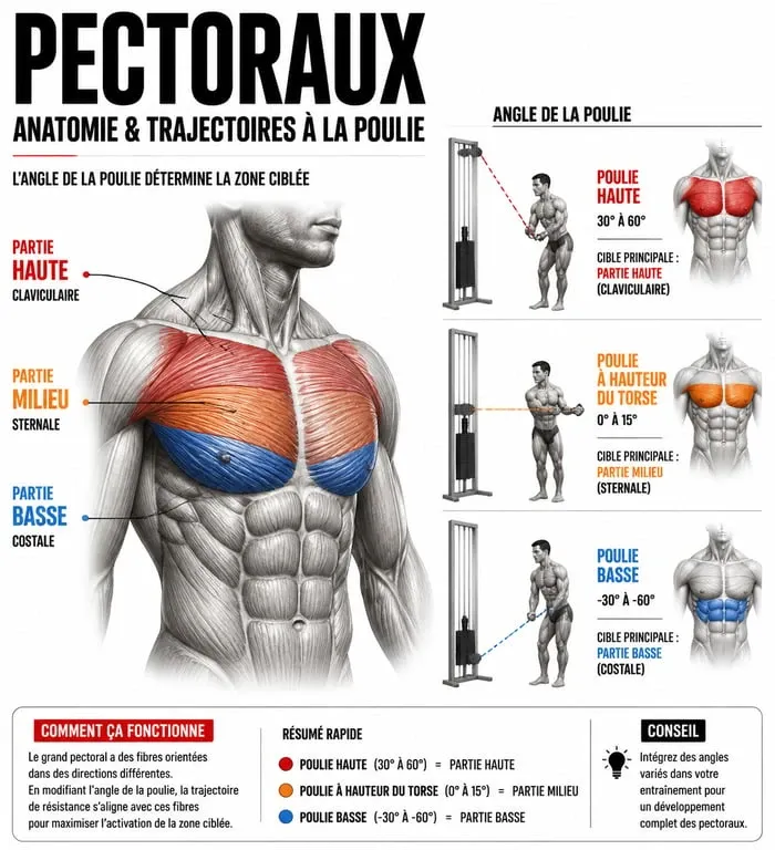 Schéma technique des exercices pec à la poulie pour le développement musculaire