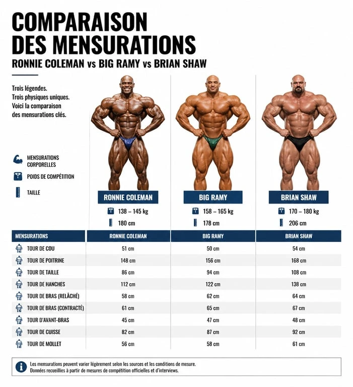 Infographie comparative des mensurations et records de l'homme le plus musclé au monde