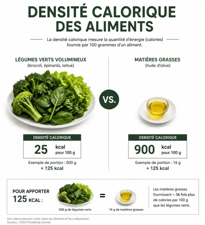 Infographie illustrant la densité calorique des aliments faibles en calories pour la perte de poids