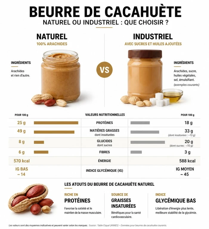 Comparaison nutritionnelle entre beurre de cacahuète naturel et industriel pour savoir si le beurre de cacahuète fait grossir