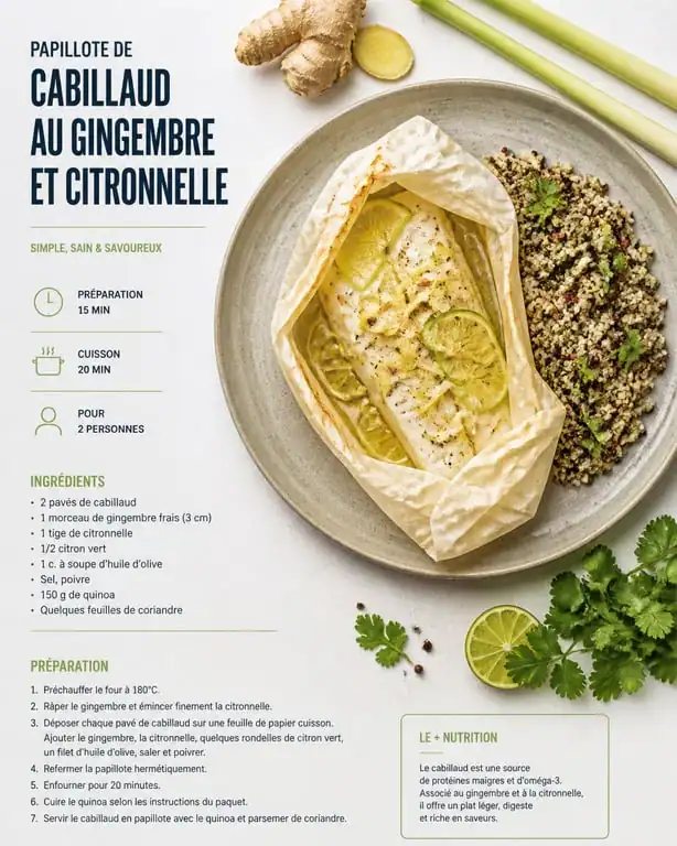 Papillote de cabillaud au gingembre et citronnelle, recette pour maigrir le ventre