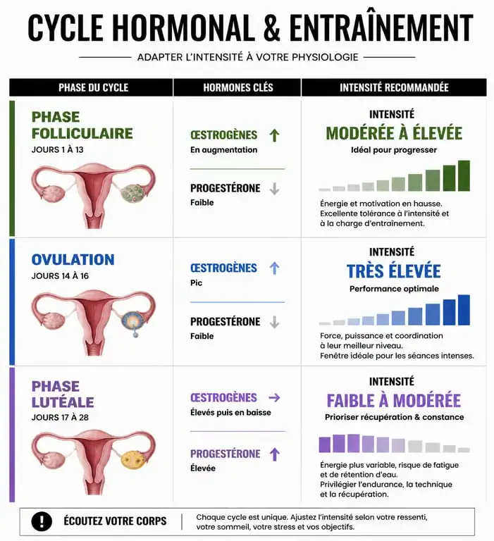 Infographie sur l'adaptation de l'entraînement fitness femme selon le cycle hormonal