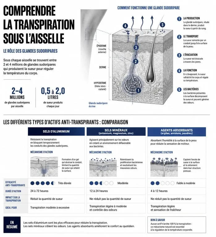 Infographie explicative sur le fonctionnement des anti-transpirants et le choix des ingrédients