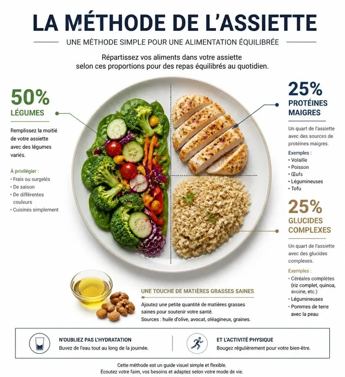 Infographie de la méthode de l'assiette pour perdre du poids sainement