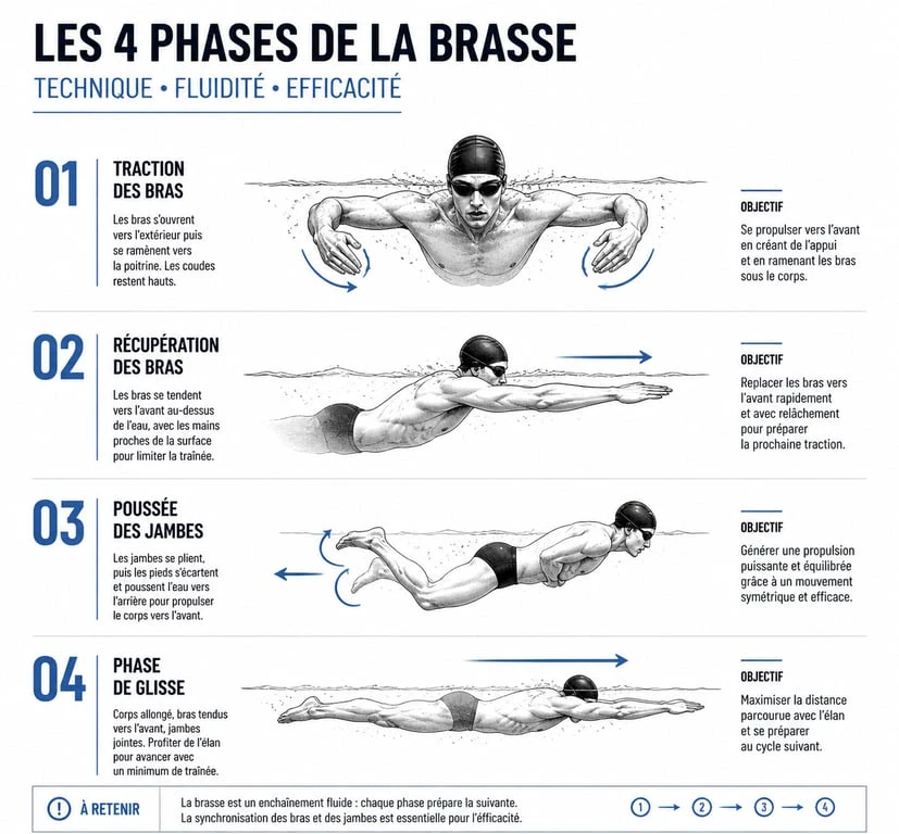 Schéma technique des étapes pour apprendre à nager la brasse
