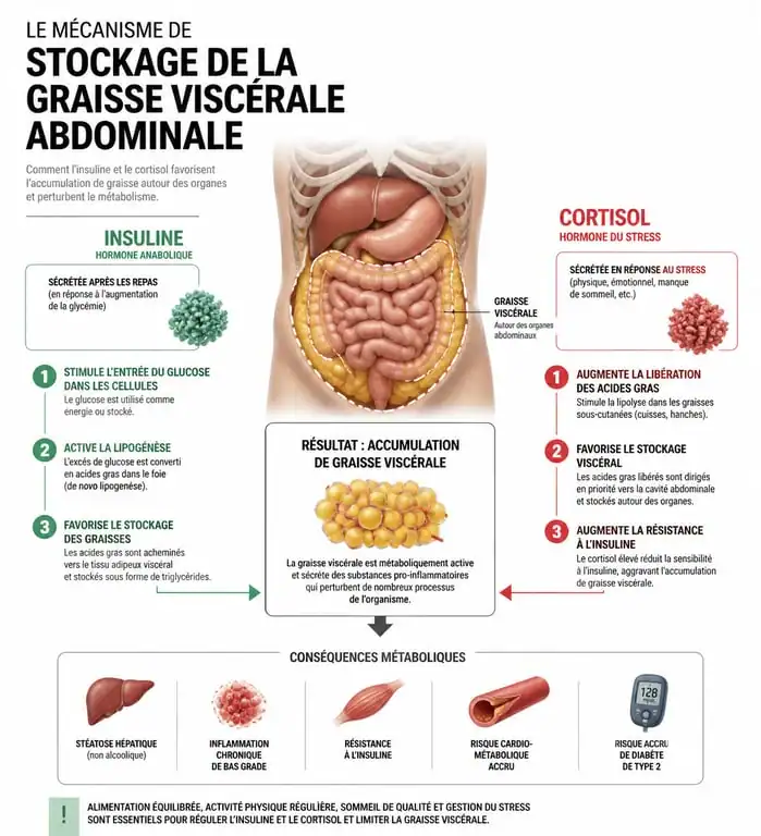 Infographie sur le mécanisme de stockage de la graisse abdominale et le rôle de l'insuline et du cortisol pour maigrir du ventre