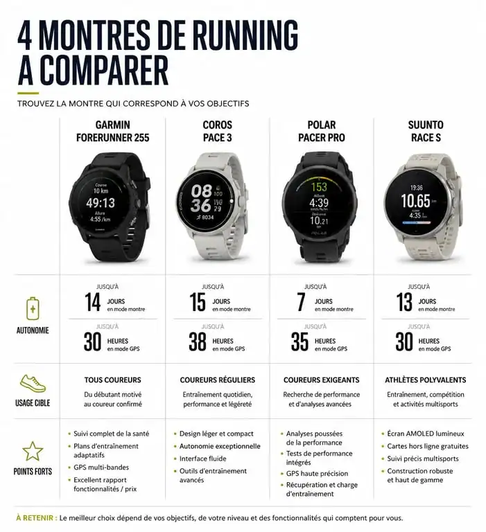 Infographie comparative des meilleures montres running GPS 2024 : Coros, Garmin et Suunto