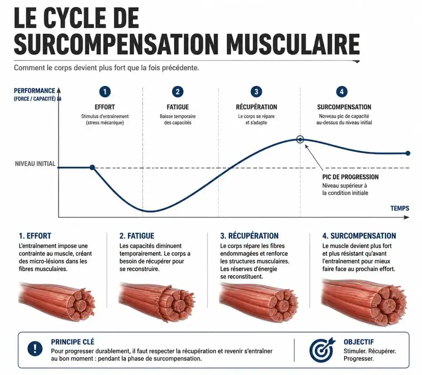 Infographie du cycle de surcompensation et récupération en musculation