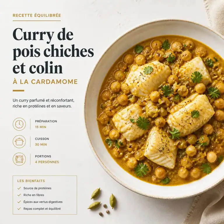 Curry de pois chiches et colin à la cardamome, repas riche en protéines