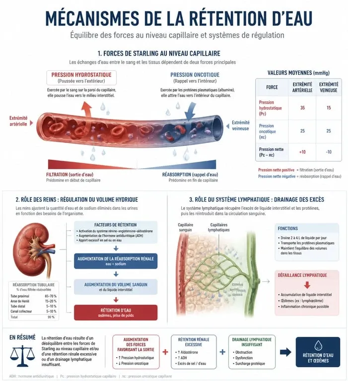 Schéma explicatif des mécanismes de la rétention d'eau et de l'excès d'eau dans le corps