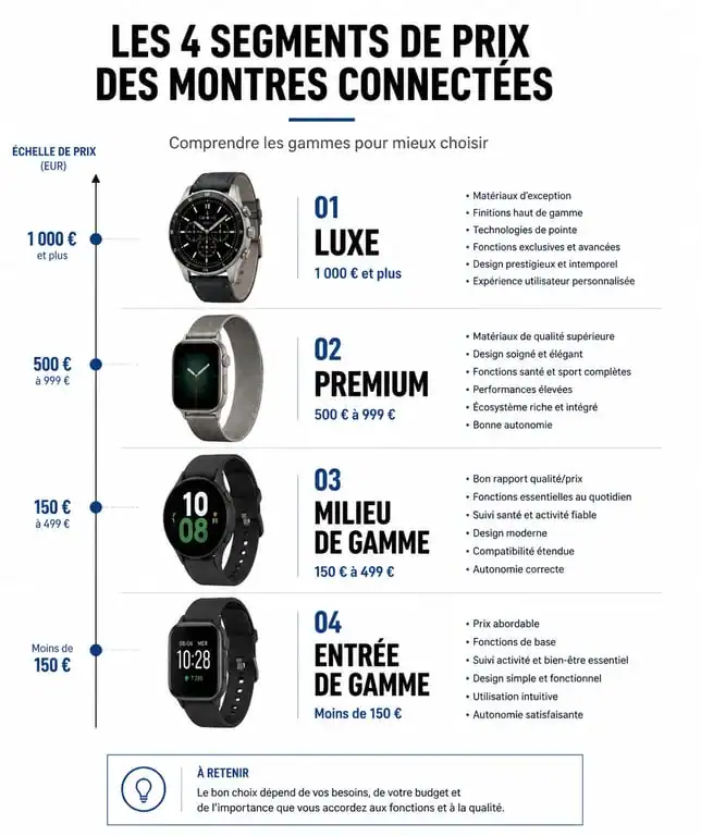 Infographie comparative des prix et fonctionnalités des montres connectées par gamme
