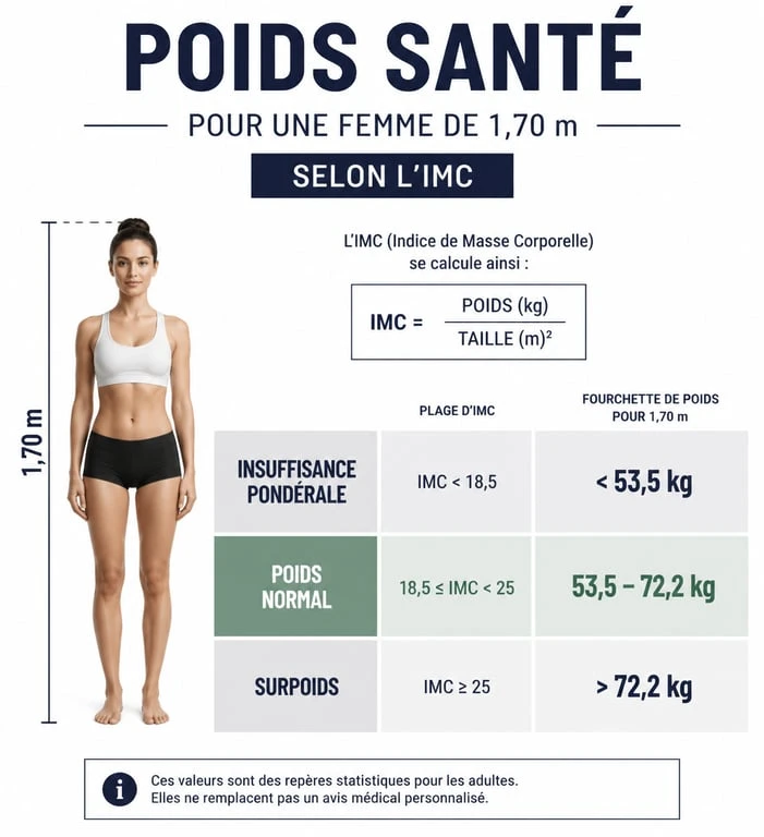 Infographie des fourchettes de poids idéal pour une femme de 1m70 selon l'IMC