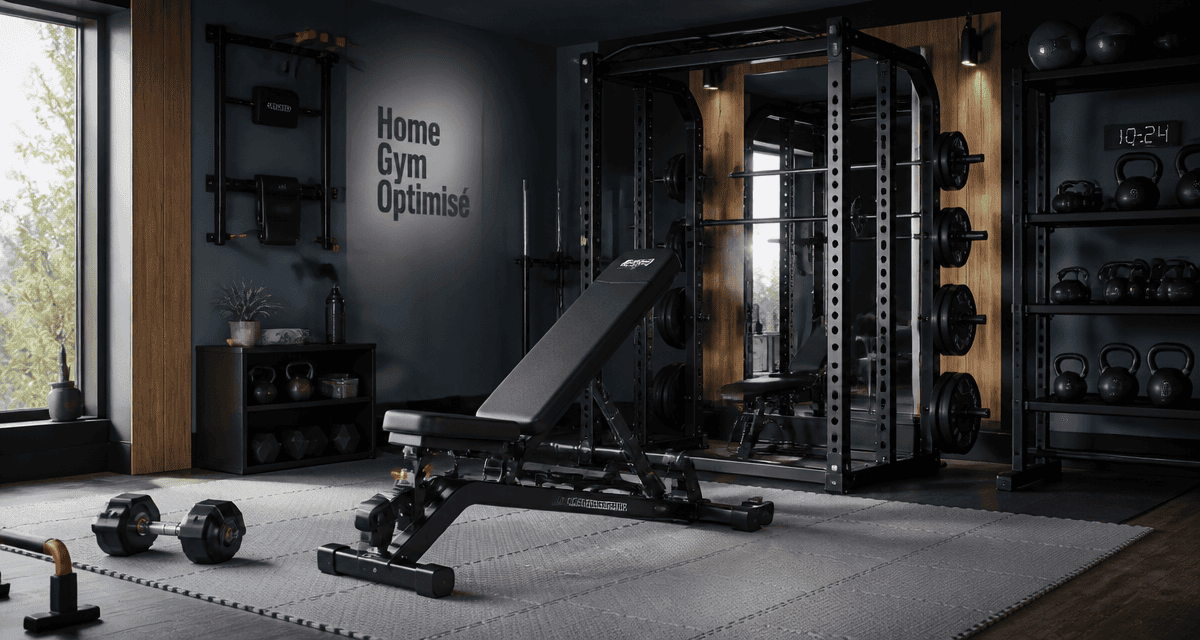 Espace home gym pour musculation avec banc et cage