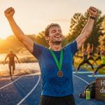 hormone du bonheur sport, coureur heureux sur piste au coucher du soleil