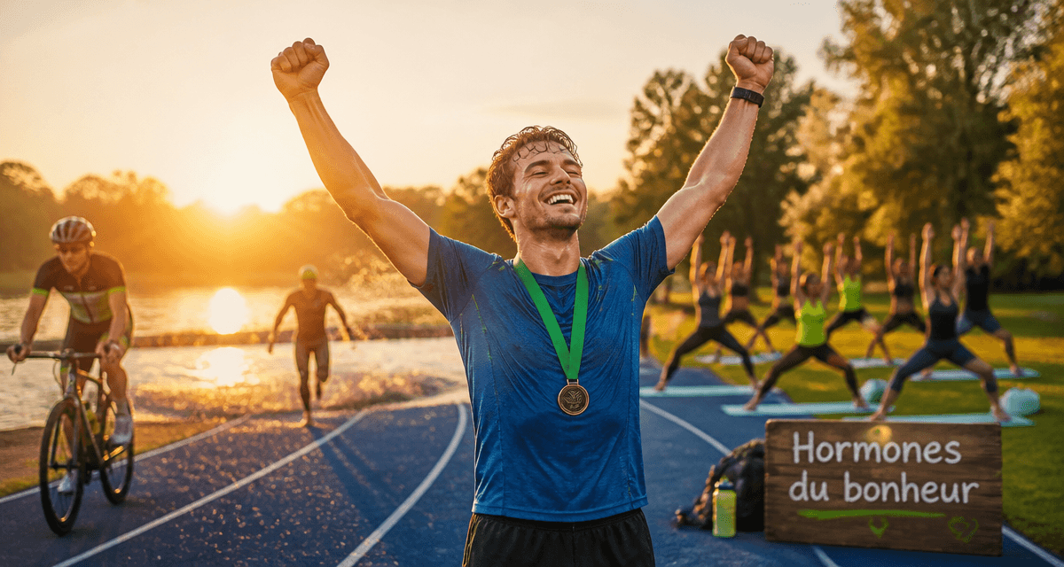 hormone du bonheur sport, coureur heureux sur piste au coucher du soleil
