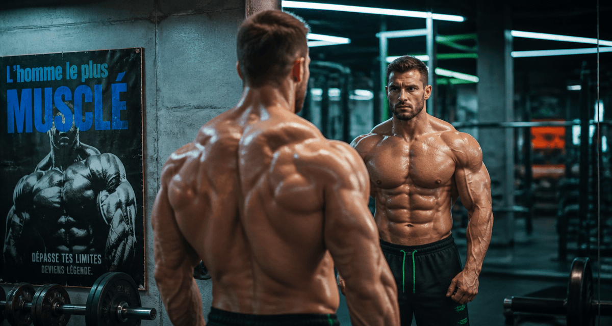 L homme le plus muscle au monde pose en salle de musculation