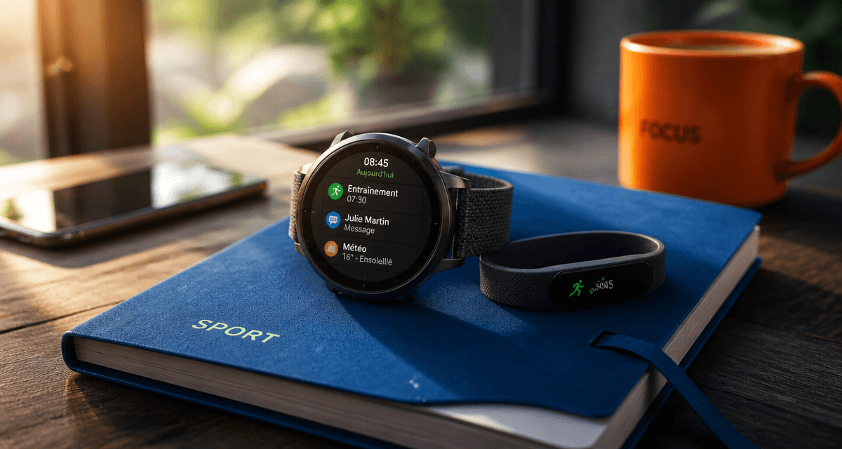 Montre connectée ou bracelet sur table en bois, carnet bleu, smartphone et tasse orange