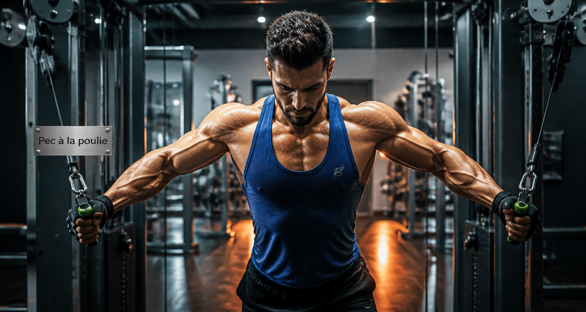Athlète pec a la poulie vis-à-vis salle de sport
