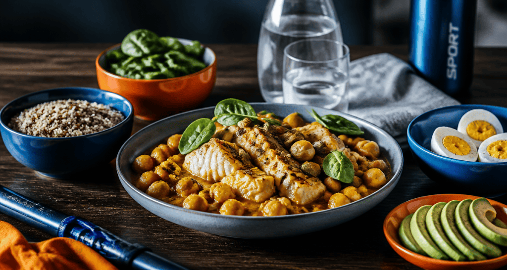repas riche en proteine avec curry pois chiches colin et quinoa