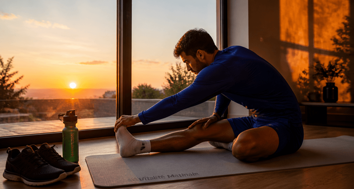 Jeune homme sport matinale étirements au lever du soleil