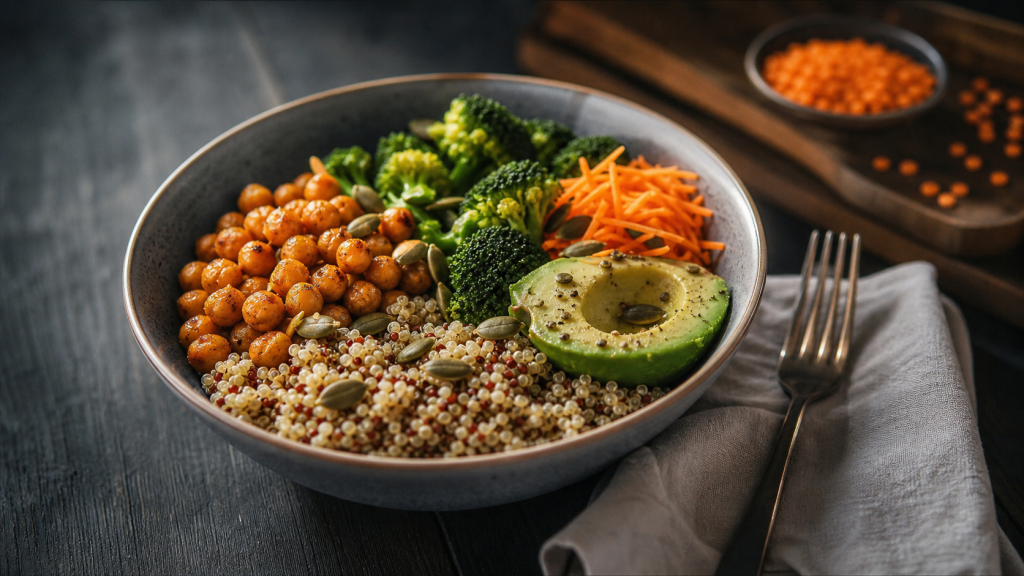 Buddha bowl avec aliments contenant des fibres, quinoa, pois chiches et brocoli