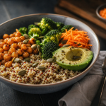 Buddha bowl avec aliments contenant des fibres, quinoa, pois chiches et brocoli