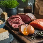 Aliments riches en phenylalanine : boeuf, saumon, oeuf et tofu sur une table