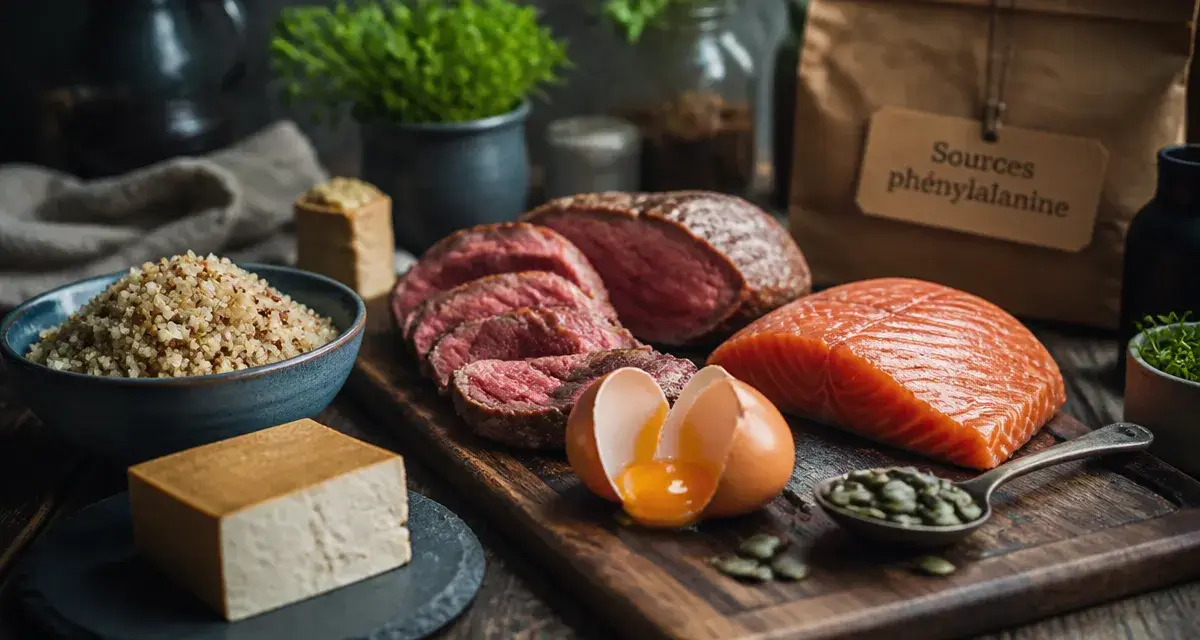 Aliments riches en phenylalanine : boeuf, saumon, oeuf et tofu sur une table