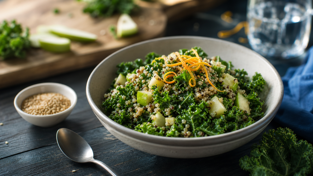 Aliments riches en vitamine K : salade de kale au quinoa et graines