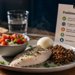 Aliments riches en proteines pour personnes âgées : assiette skyr, poisson et lentilles