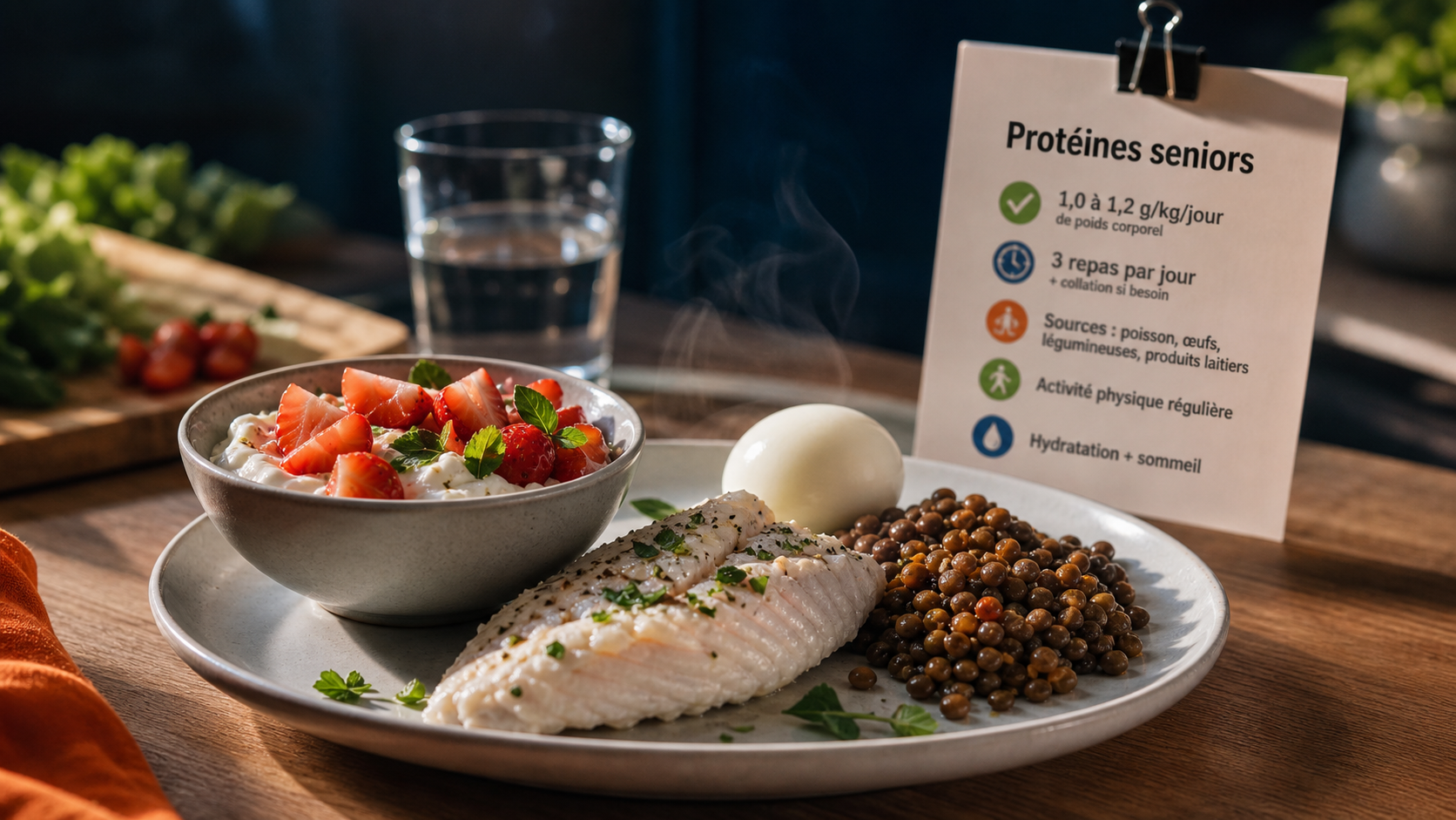 Aliments riches en proteines pour personnes âgées : assiette skyr, poisson et lentilles