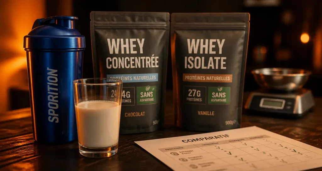 difference whey et isolate : whey concentrée vs whey isolate en photo, shaker et sachets