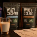difference whey et isolate : whey concentrée vs whey isolate en photo, shaker et sachets
